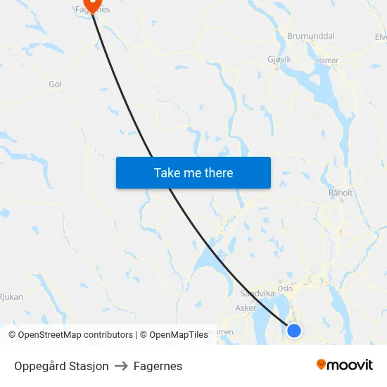 Oppegård Stasjon to Fagernes map