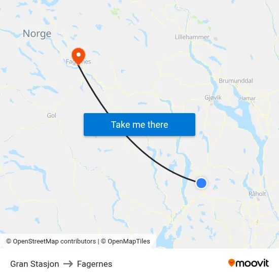Gran Stasjon to Fagernes map