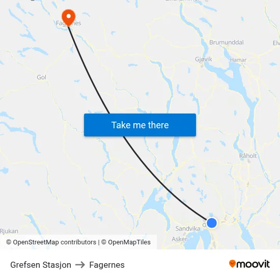 Grefsen Stasjon to Fagernes map