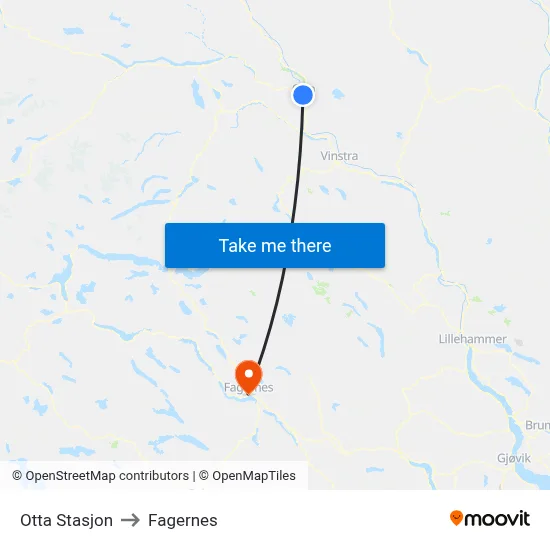 Otta Stasjon to Fagernes map