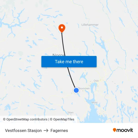Vestfossen Stasjon to Fagernes map
