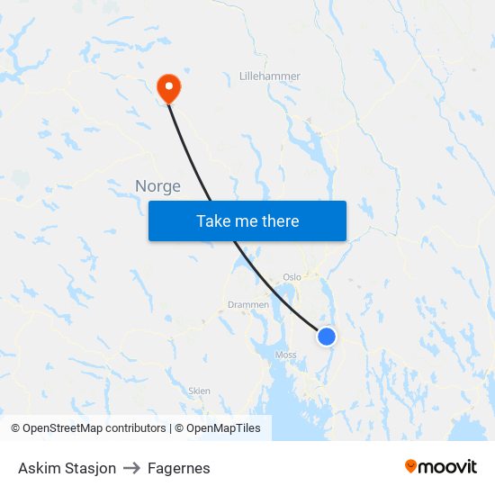 Askim Stasjon to Fagernes map