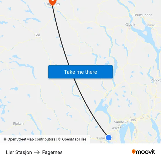Lier Stasjon to Fagernes map