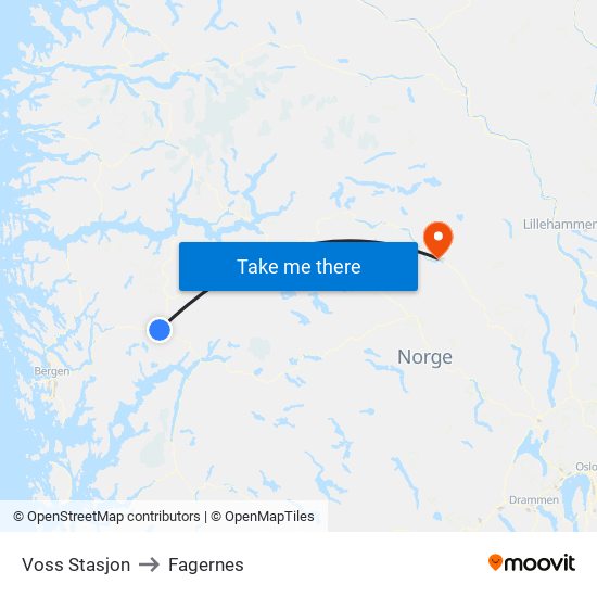 Voss Stasjon to Fagernes map