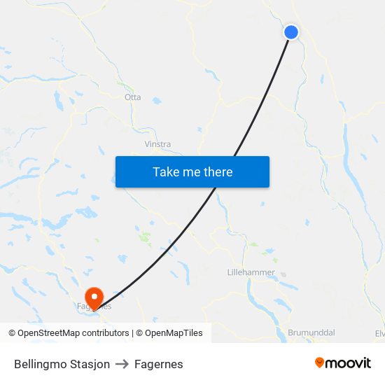 Bellingmo Stasjon to Fagernes map