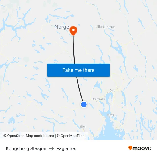 Kongsberg Stasjon to Fagernes map
