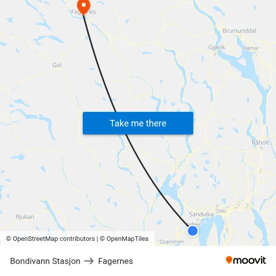 Bondivann Stasjon to Fagernes map