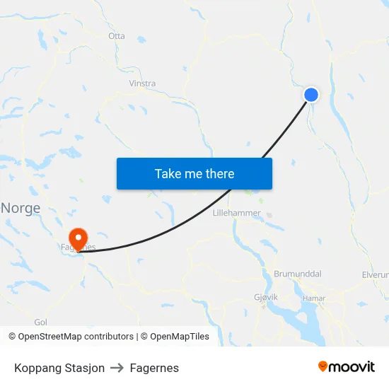Koppang Stasjon to Fagernes map