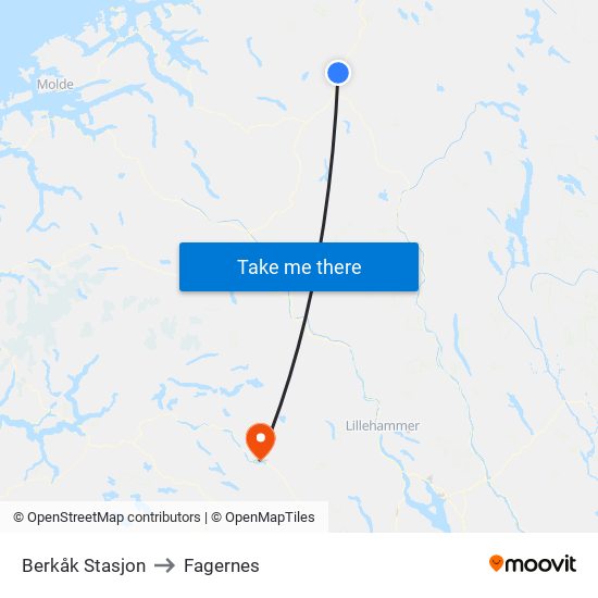 Berkåk Stasjon to Fagernes map