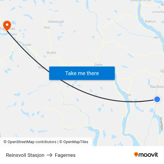 Reinsvoll Stasjon to Fagernes map