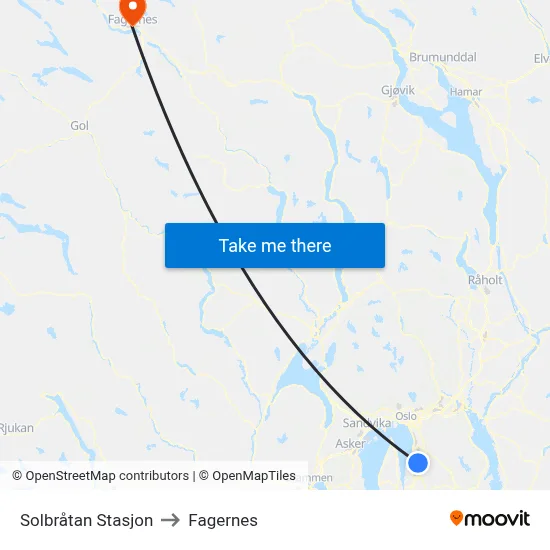 Solbråtan Stasjon to Fagernes map