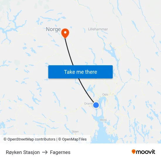 Røyken Stasjon to Fagernes map