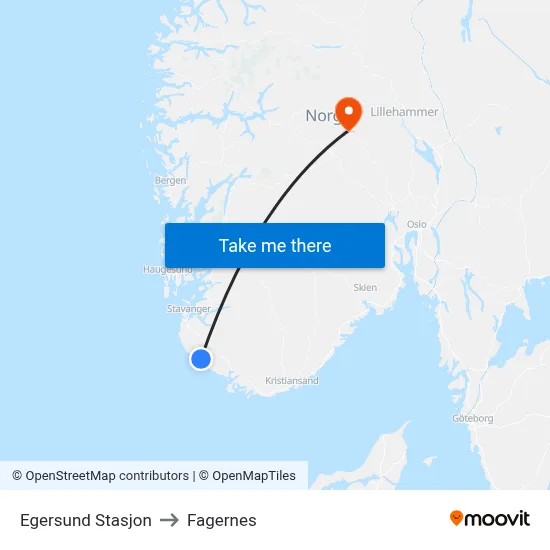 Egersund Stasjon to Fagernes map