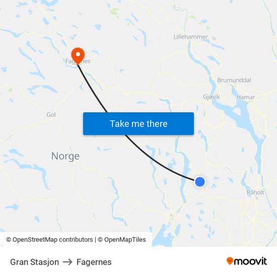 Gran Stasjon to Fagernes map