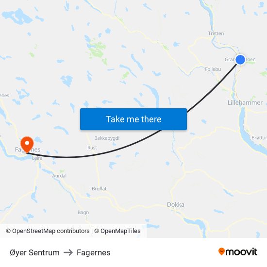 Øyer Sentrum to Fagernes map