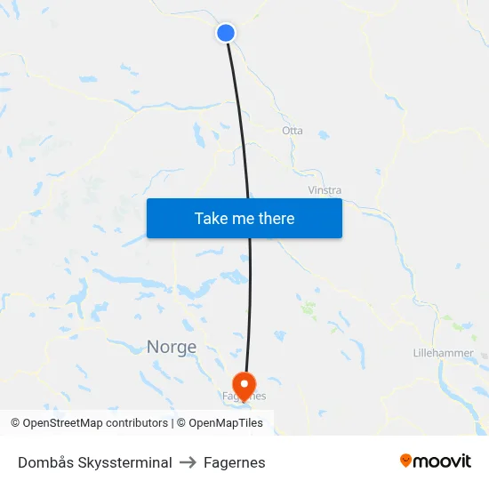 Dombås Skyssterminal to Fagernes map