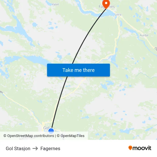 Gol Stasjon to Fagernes map