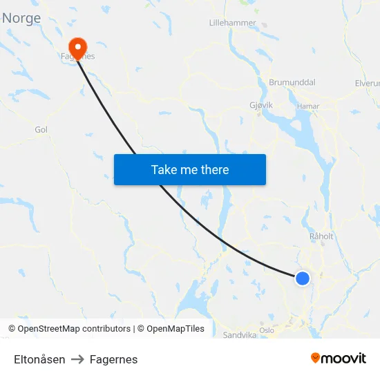 Eltonåsen to Fagernes map
