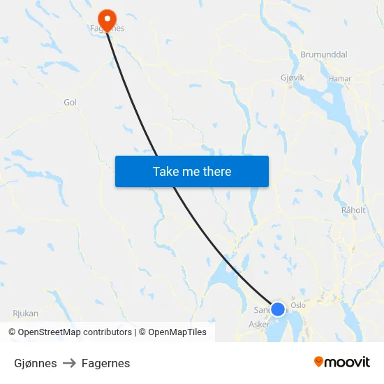 Gjønnes to Fagernes map