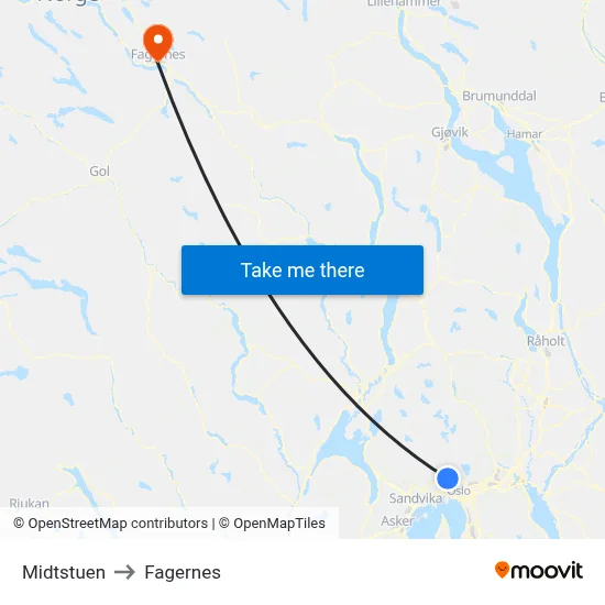 Midtstuen to Fagernes map