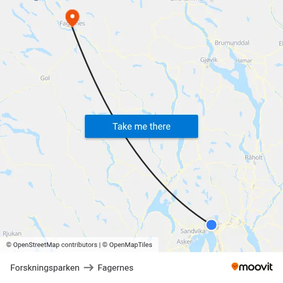 Forskningsparken to Fagernes map