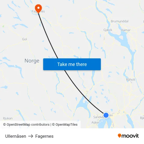 Ullernåsen to Fagernes map