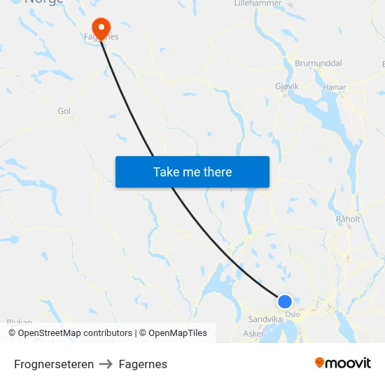 Frognerseteren to Fagernes map
