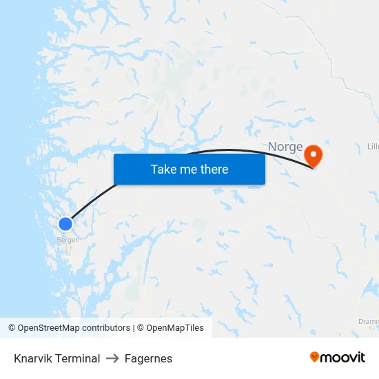 Knarvik Terminal to Fagernes map