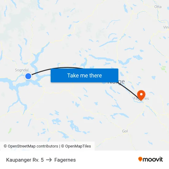 Kaupanger Rv. 5 to Fagernes map