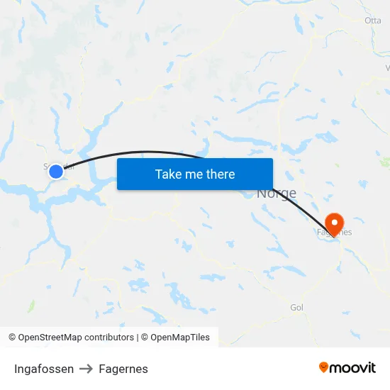 Ingafossen to Fagernes map