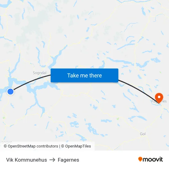 Vik Kommunehus to Fagernes map