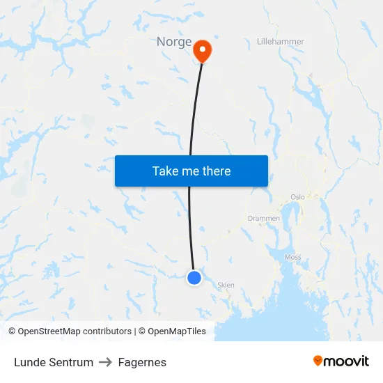 Lunde Sentrum to Fagernes map