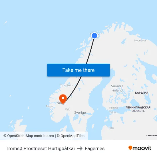 Tromsø Prostneset Hurtigbåtkai to Fagernes map