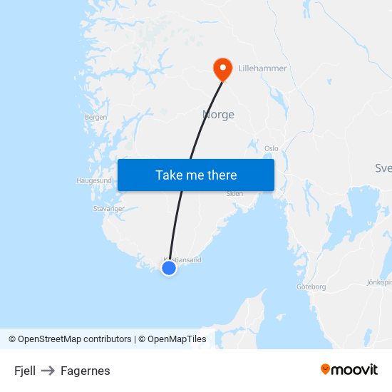 Fjell to Fagernes map