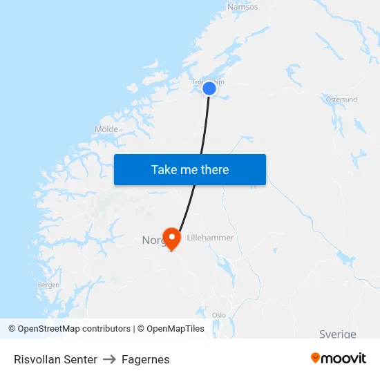 Risvollan Senter to Fagernes map