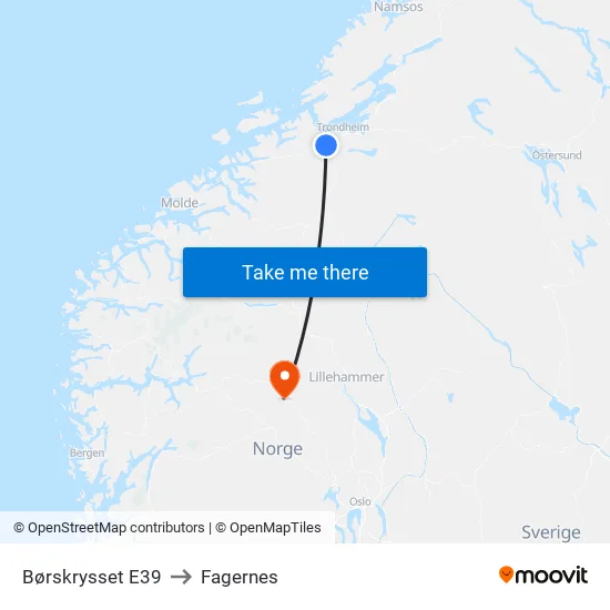 Børskrysset E39 to Fagernes map