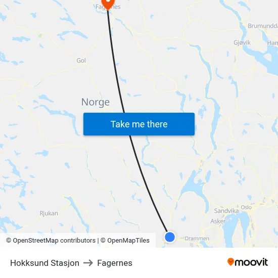 Hokksund Stasjon to Fagernes map