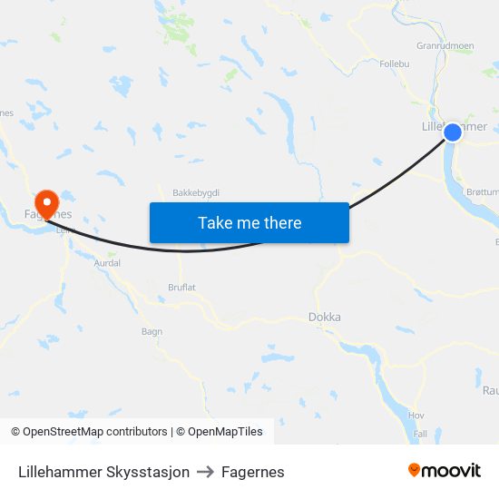 Lillehammer Skysstasjon to Fagernes map