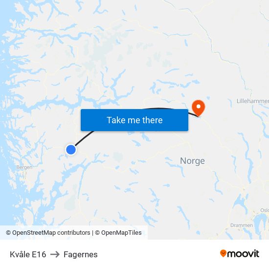 Kvåle E16 to Fagernes map