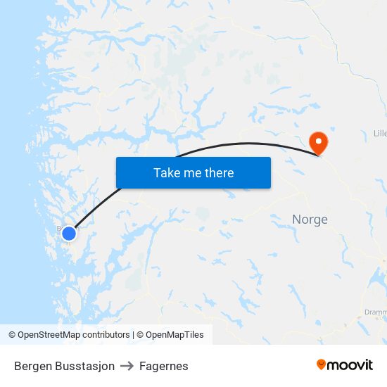 Bergen Busstasjon to Fagernes map
