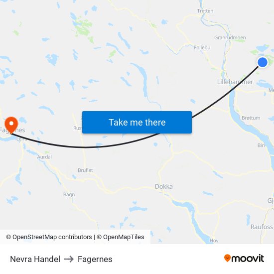 Nevra Handel to Fagernes map