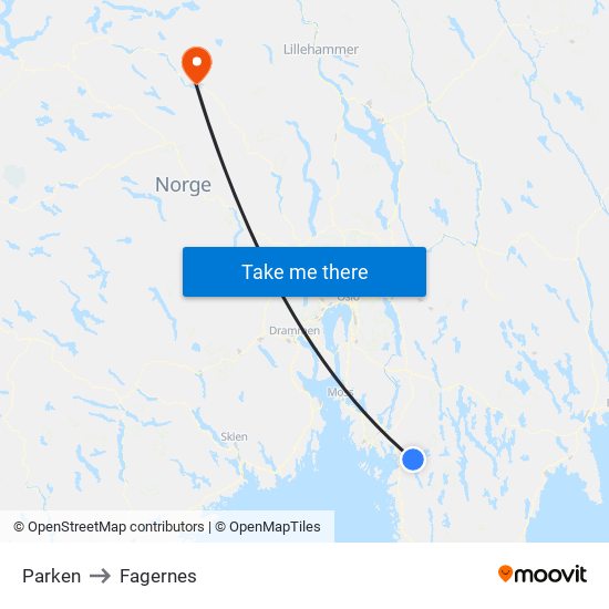 Parken to Fagernes map