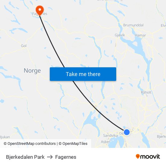 Bjerkedalen Park to Fagernes map