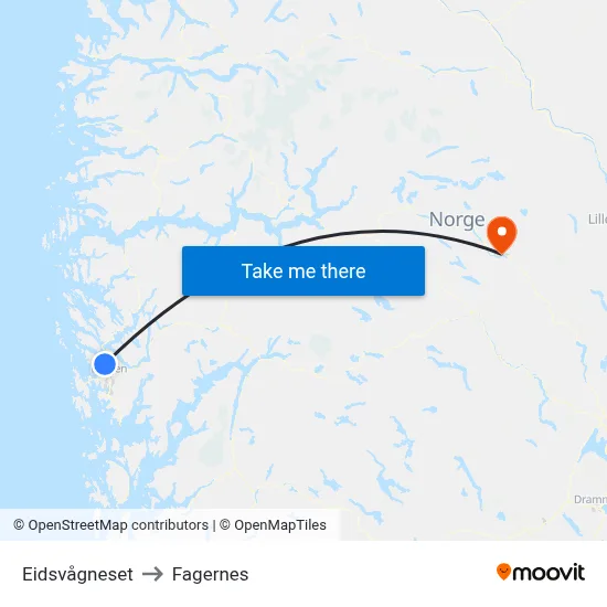 Eidsvågneset to Fagernes map