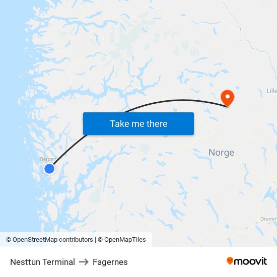 Nesttun Terminal to Fagernes map