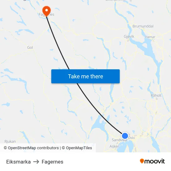 Eiksmarka to Fagernes map