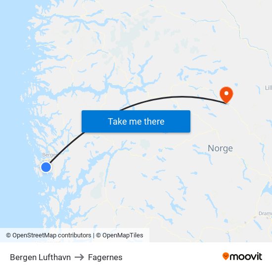 Bergen Lufthavn to Fagernes map
