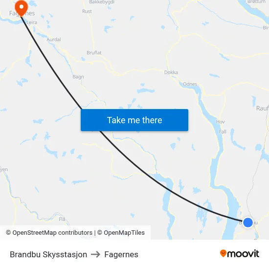 Brandbu Skysstasjon to Fagernes map