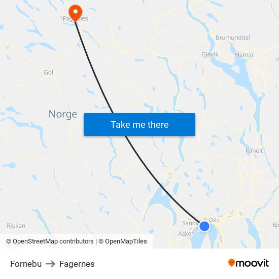 Fornebu to Fagernes map