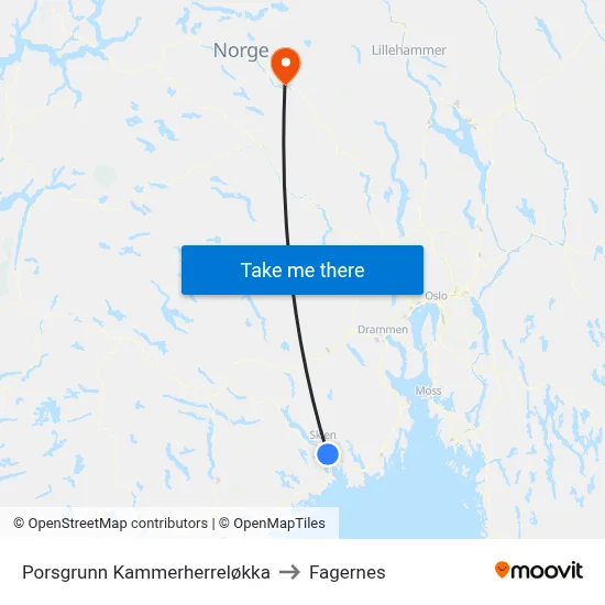 Porsgrunn Kammerherreløkka to Fagernes map